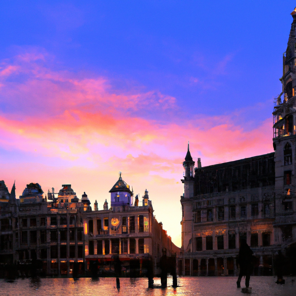 Zonsopgang op de Grote Markt van Brussel met gouden licht en historische gevels.